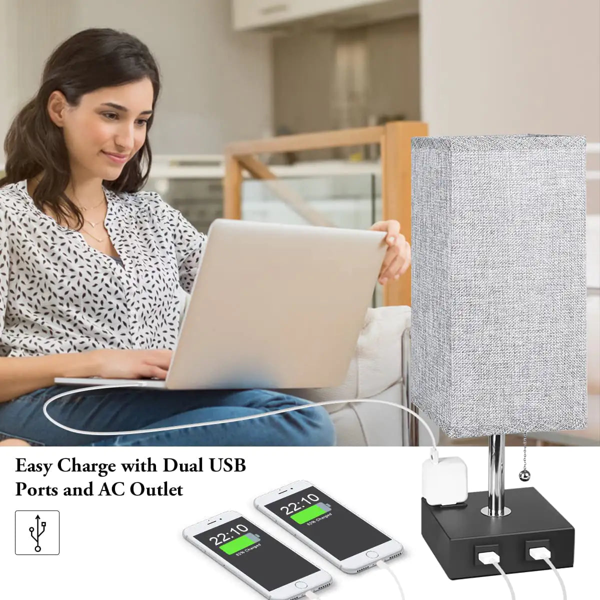 USB Bedside Table Lamp - Grey - Sno's Finds