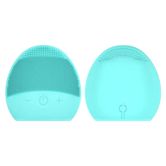 Rechargeable facial cleansing brush with silicone bristles for deep cleansing and exfoliation.