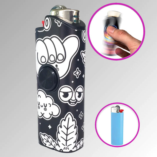 FLKR LYTR 420 Celebrate lighter holder for fidgeting and stress relief, with images of interchangeable Bic lighter.