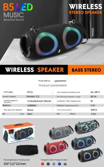 Bluetooth speaker with RGB colored lights, superior sound quality, waterproof design, and long battery life, perfect for outdoor use and parties.