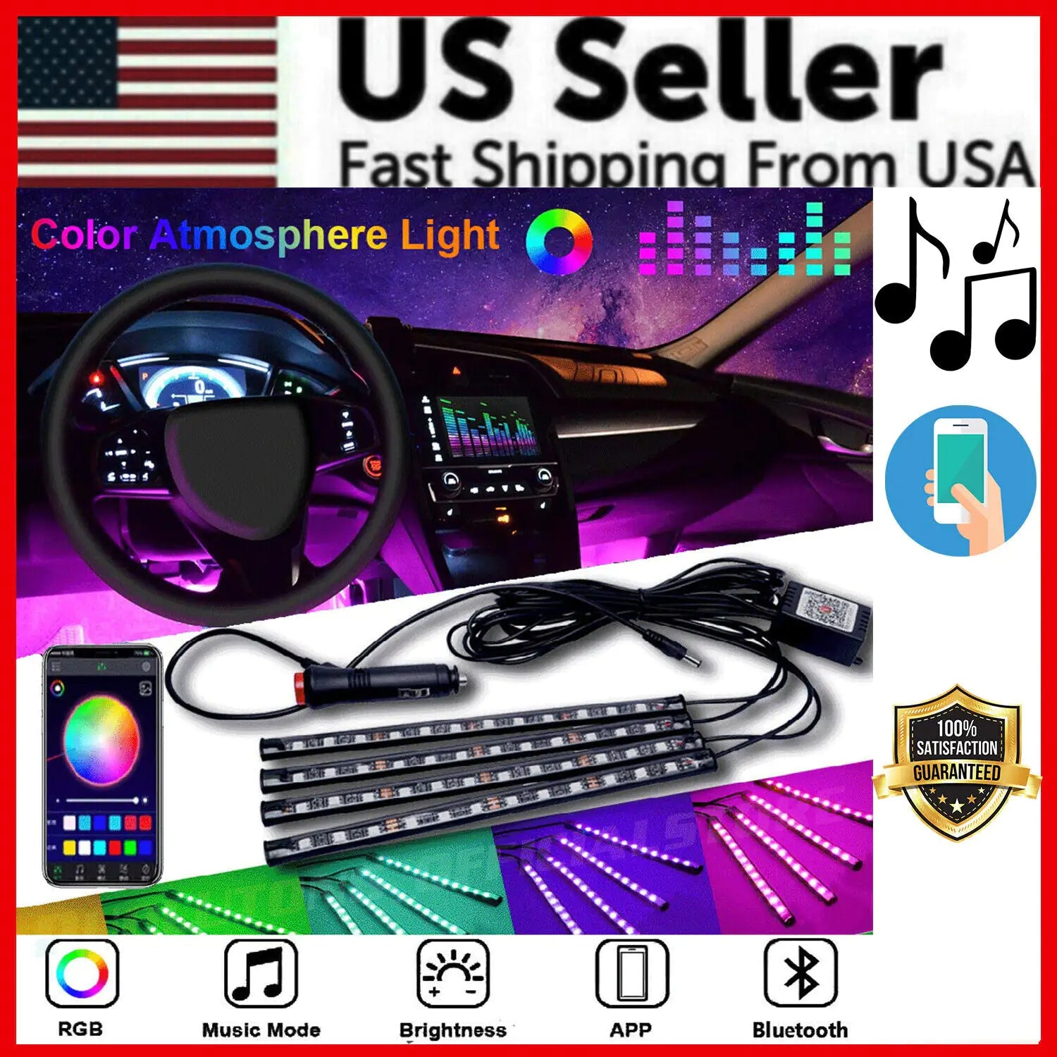 4X 48LED RGB Car Interior Atmosphere Light Strip Bar Bluetooth APP Music Control - Sno's Finds