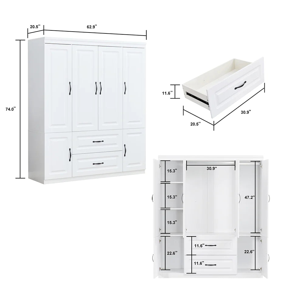 YG-15 74" H White Solid Wood Freestanding Wardrobe Closet for Clothes Storage. Bedroom Wardrobe Storage Cabinet featuring 2 Hanging Rod Shelves, 2 Drawers, and 5 Storage Compartments - Sno's Finds