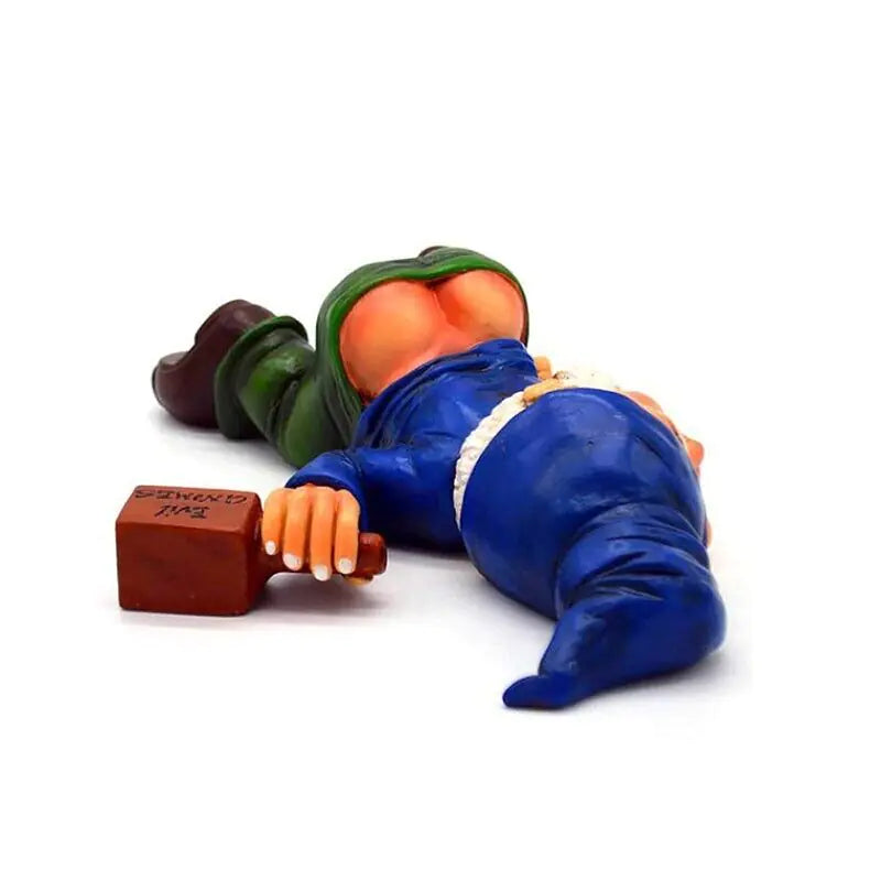 Drunk Dwarf Garden Gnome lying down holding a bottle, ideal for yard and patio decor.