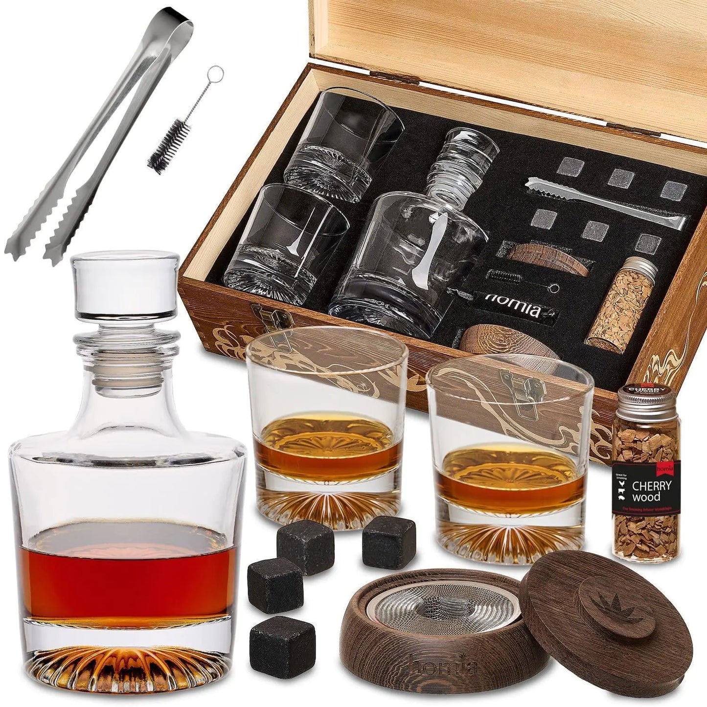 Whiskey Gift Set 14 pcs Whiskey Bottle Old Fashioned Glasses in Wodden Box Gift - Sno's Finds