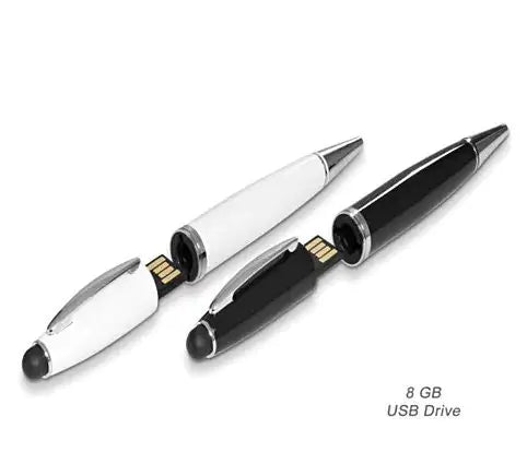 3 in 1 Mighty Stylus Pen with 8GB USB Storage Drive, black and white options.