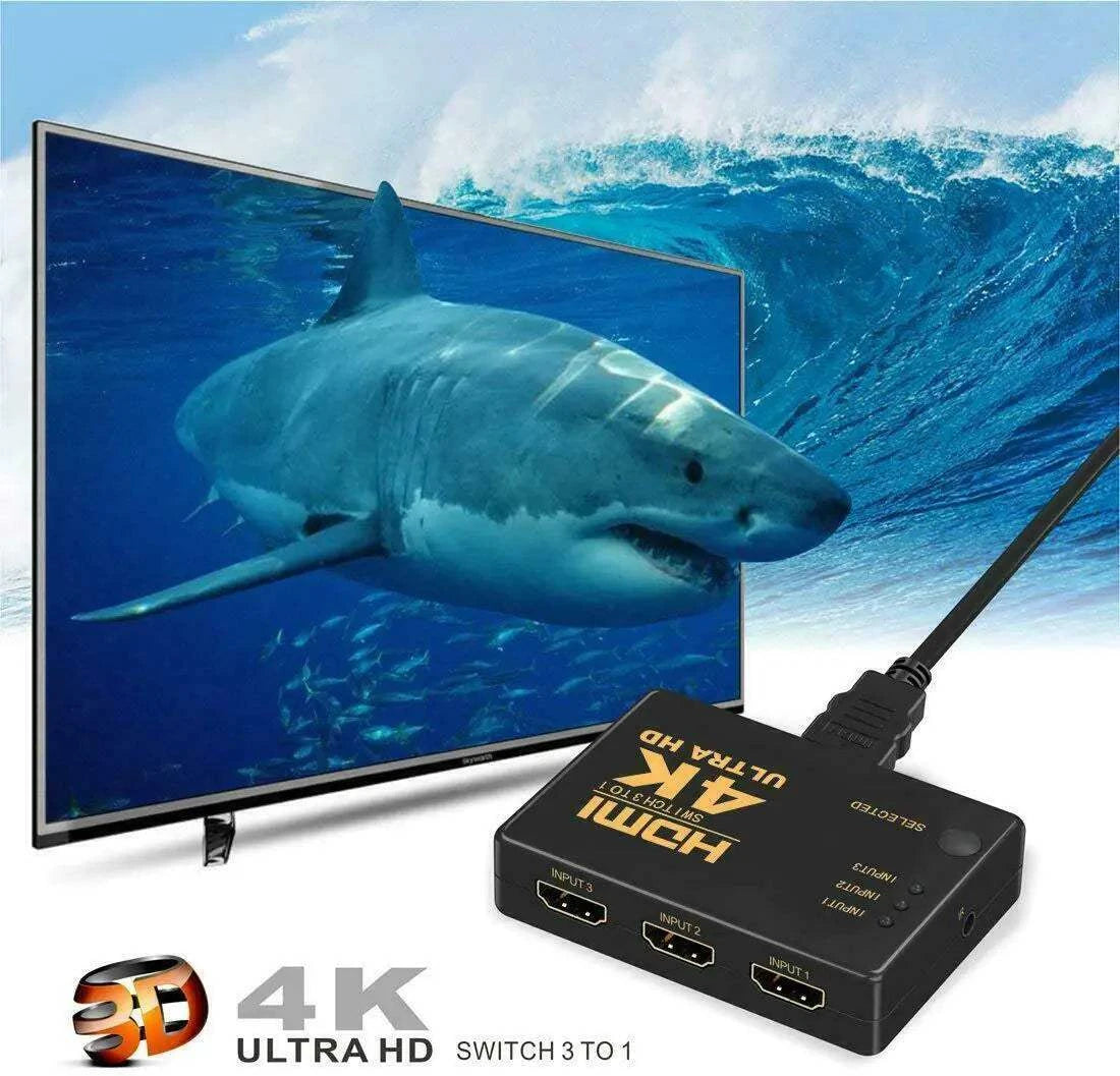 4K HDMI 2.0 Cable Splitter Switcher Box Hub IR Remote Control 3X1 Power 3 to 1 - Sno's Finds