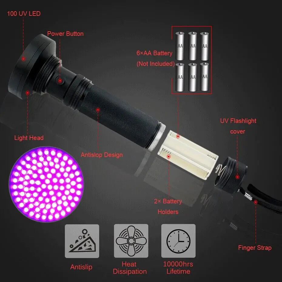 UV Ultraviolet Light 100 LED Flashlight BlackLight 395nM Inspection Lamp Torch - Sno's Finds