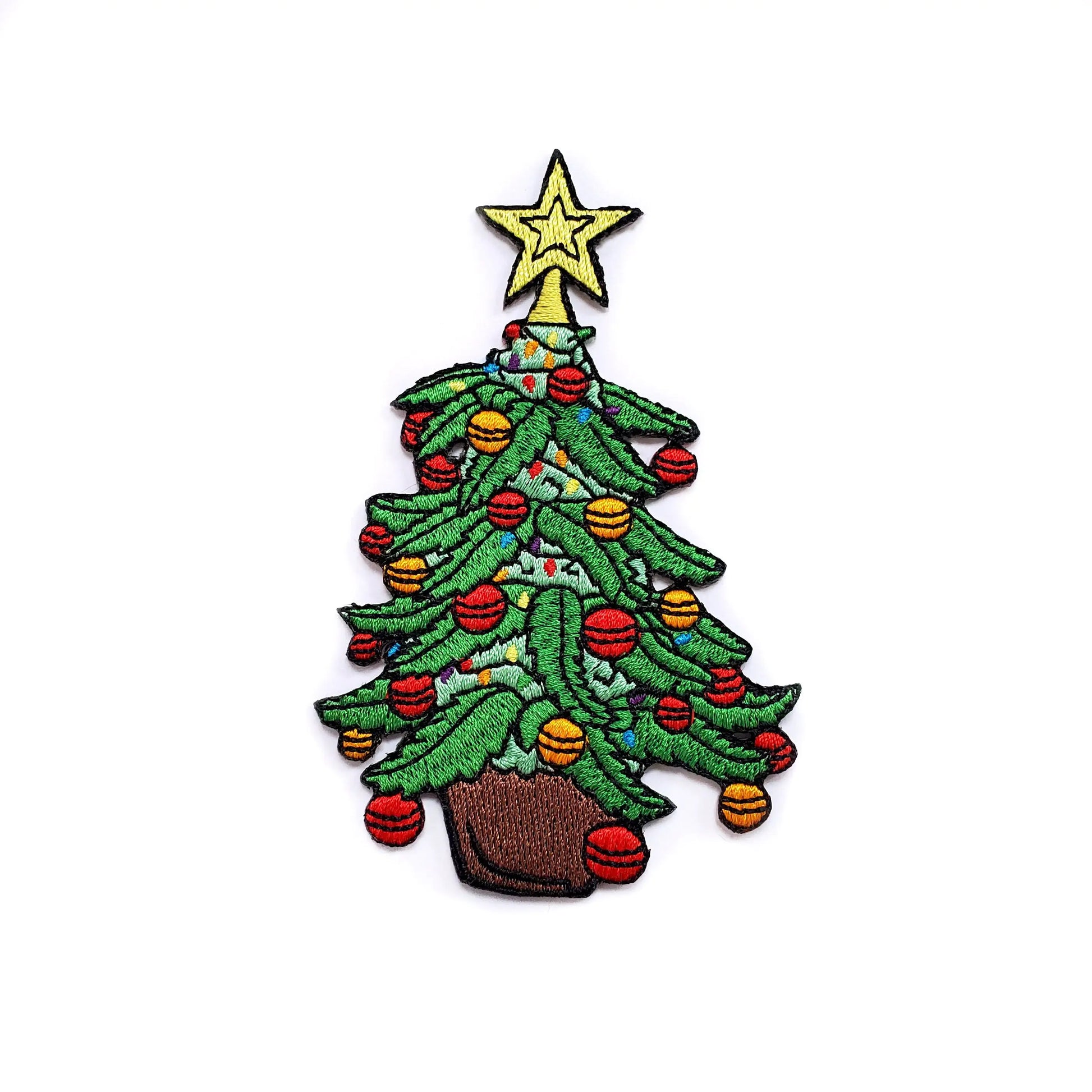 Embroidered cannabis Christmas tree patch with colorful ornaments and star.