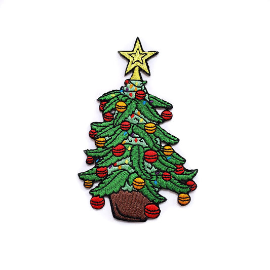 Embroidered cannabis Christmas tree patch with colorful ornaments and star.