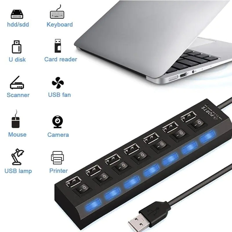 7 Port USB 2.0 / 3.0 Hub Splitter Adapter High Speed For PC Laptop Mac Desktop - Sno's Finds