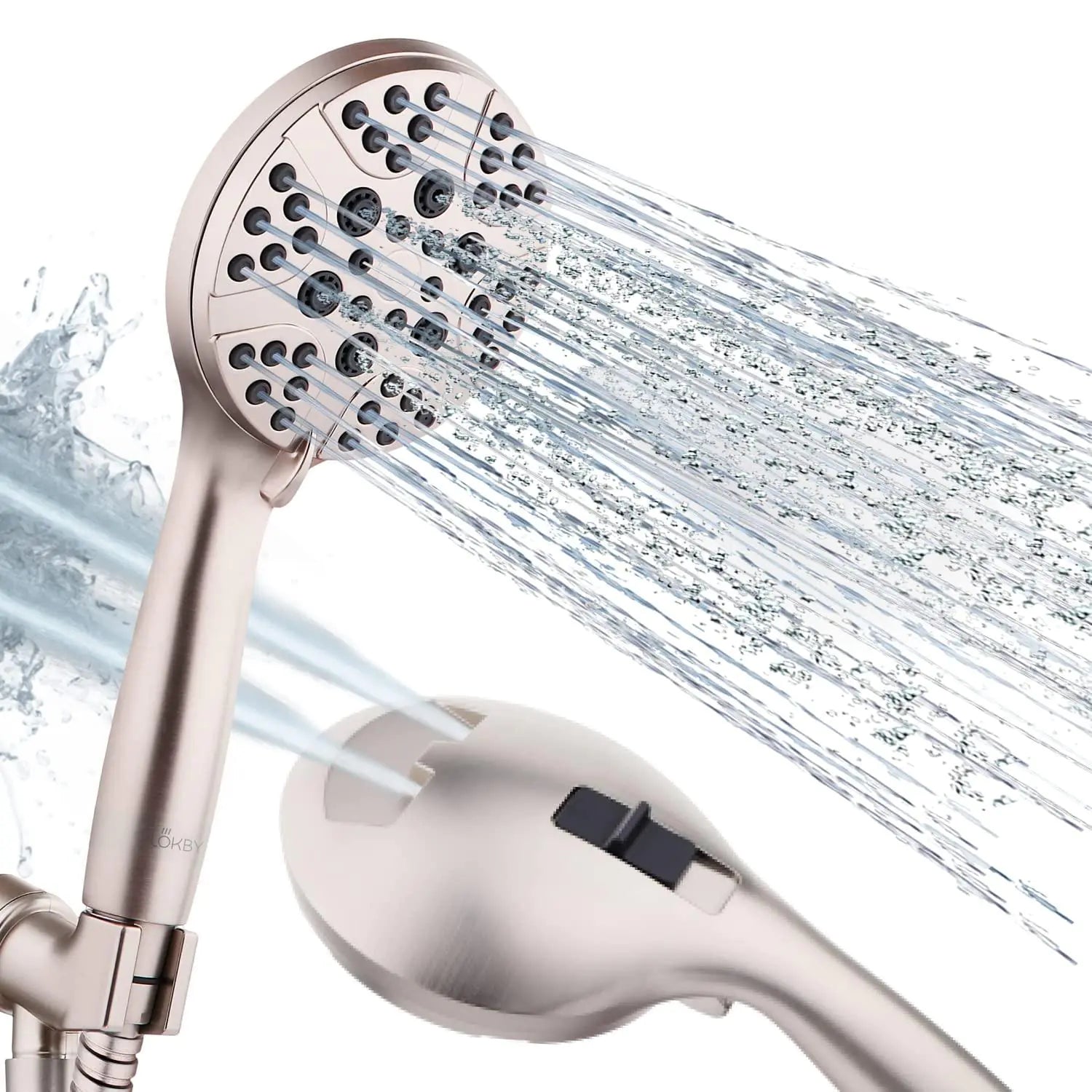 Handheld high pressure shower head with 8 spray settings and removable feature.