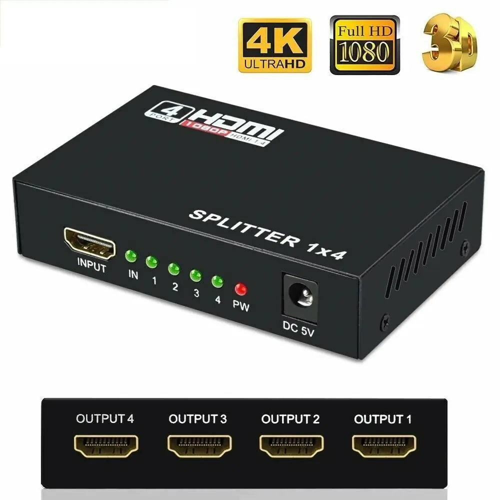 4 Port HDMI 4K Hub Multi Splitter & Amplifier For 3D HDTV 1080P 1X4 1 In 4 Out - Sno's Finds