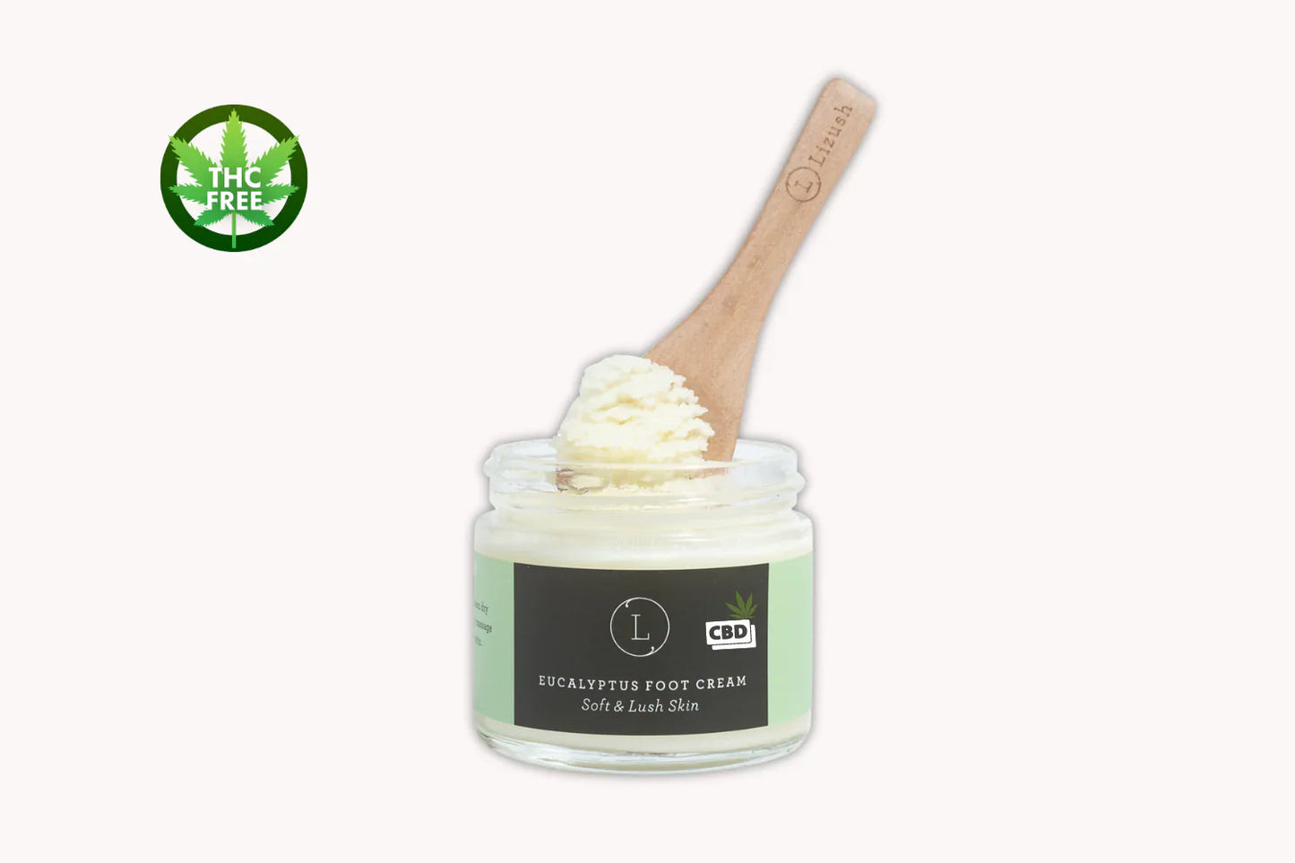 Eucalyptus Shea Butter Foot Cream with CBD, THC free jar with wooden spoon.