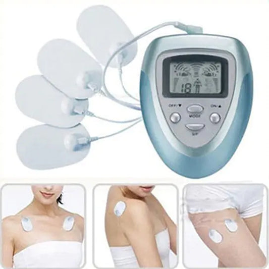 Personal Portable Pulse P3 Massager with electrode pads in use on various body parts.