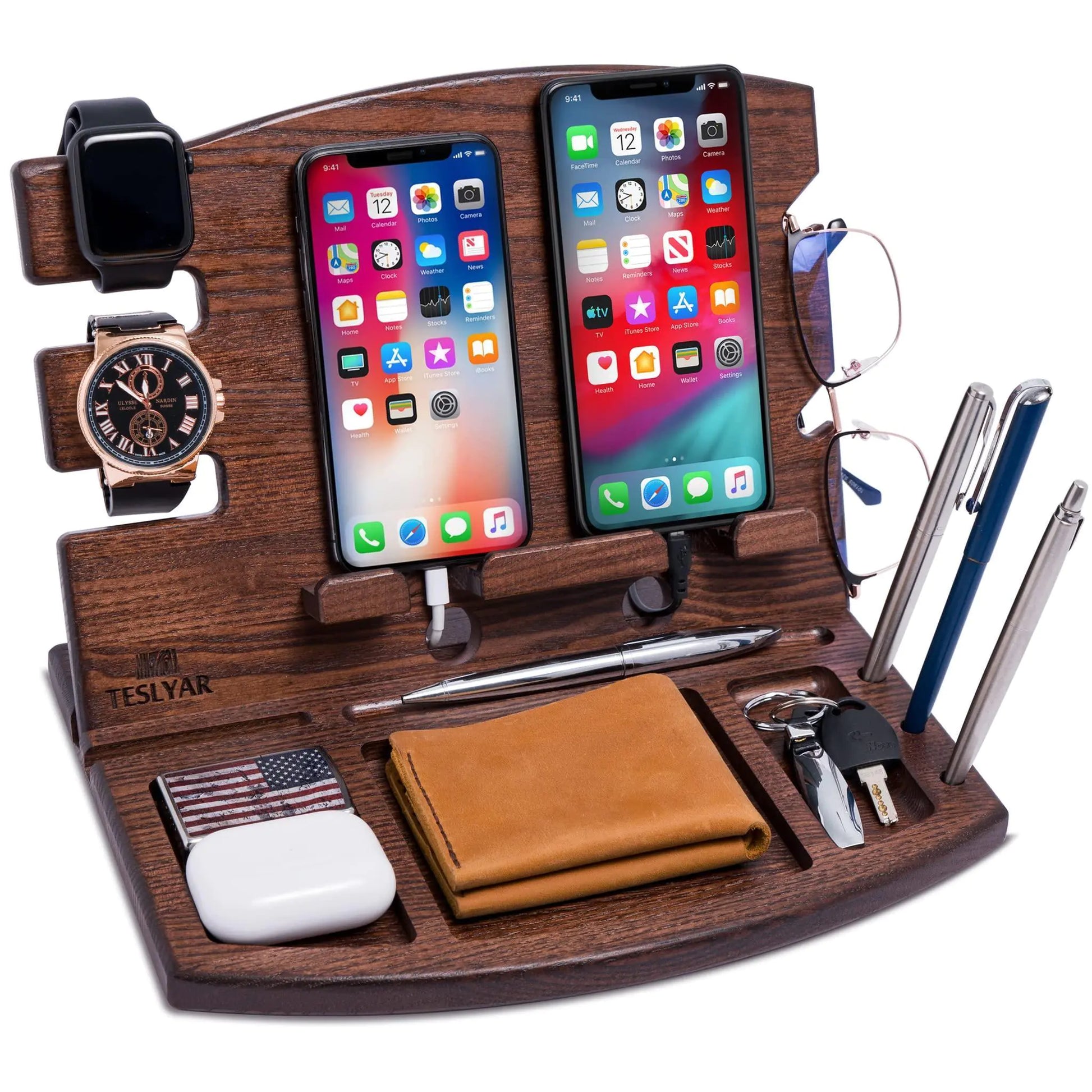 Wood phone docking station with compartments for keys, wallet, watch, and pens, compatible with any phones.