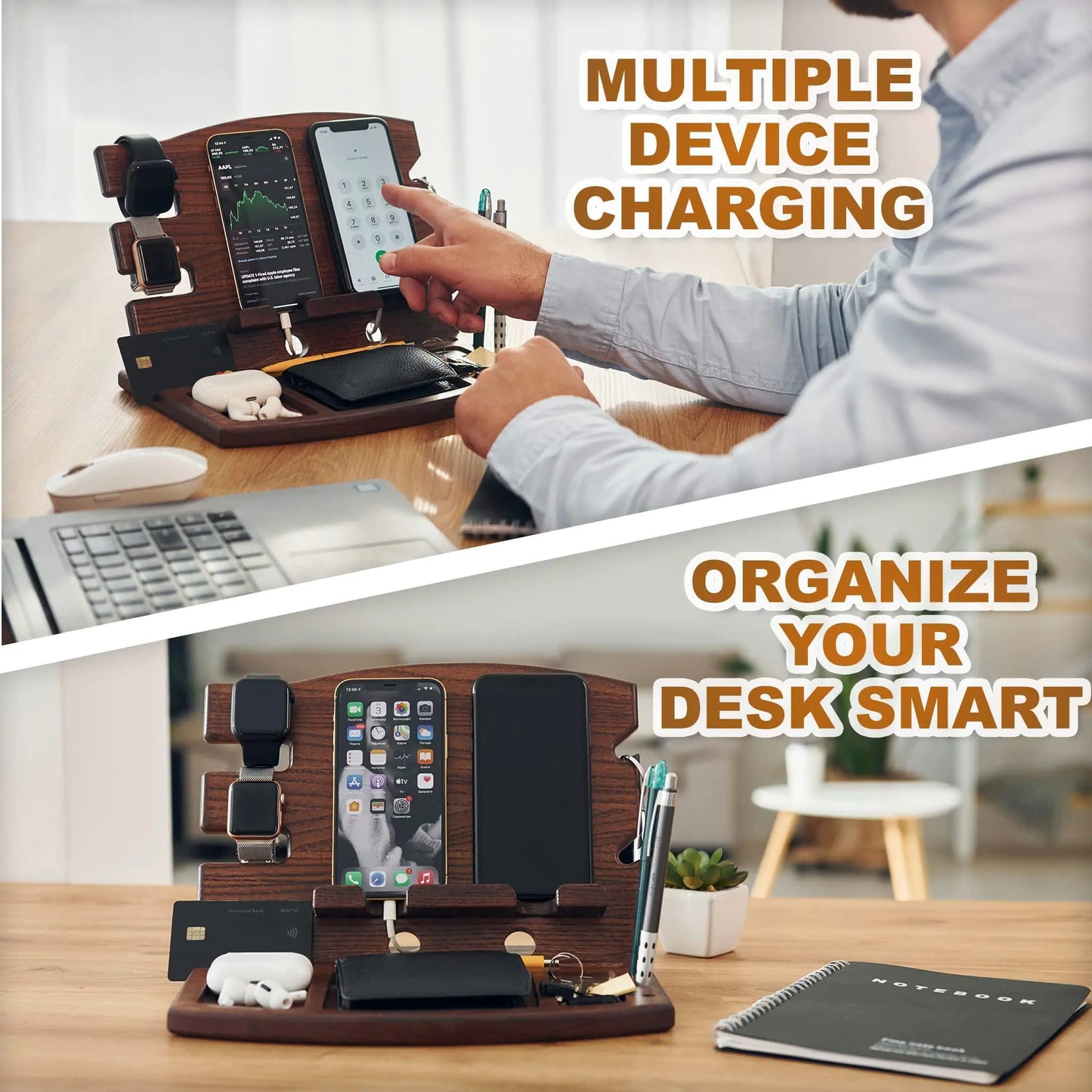 Wood Phone Docking Station Natural Ash Phone Key Holder Wallet Watch Stand Gift - Sno's Finds