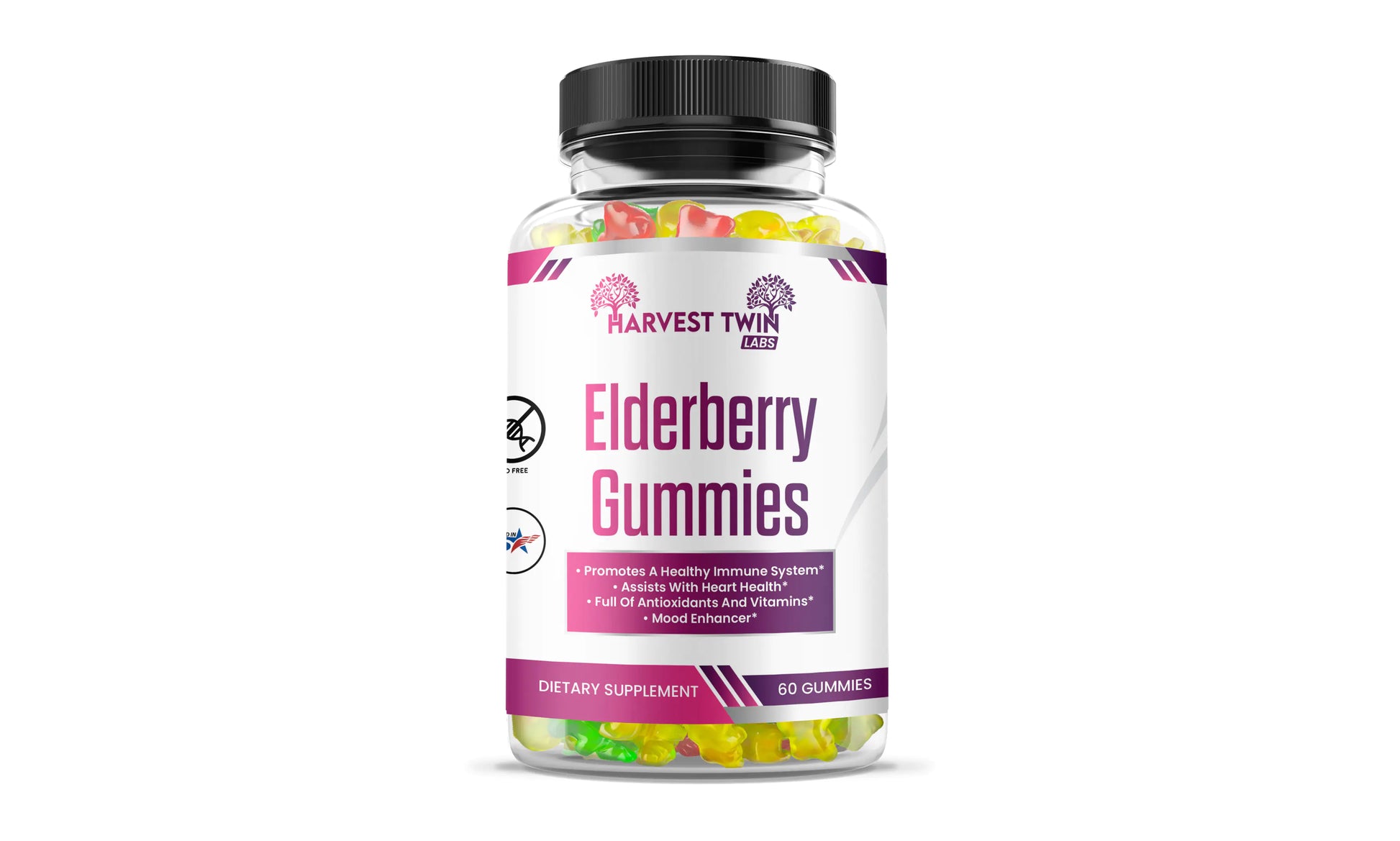 Elderberry Gummies bottle by Harvest Twin Labs, packed with antioxidants and vitamins for heart health and immunity.