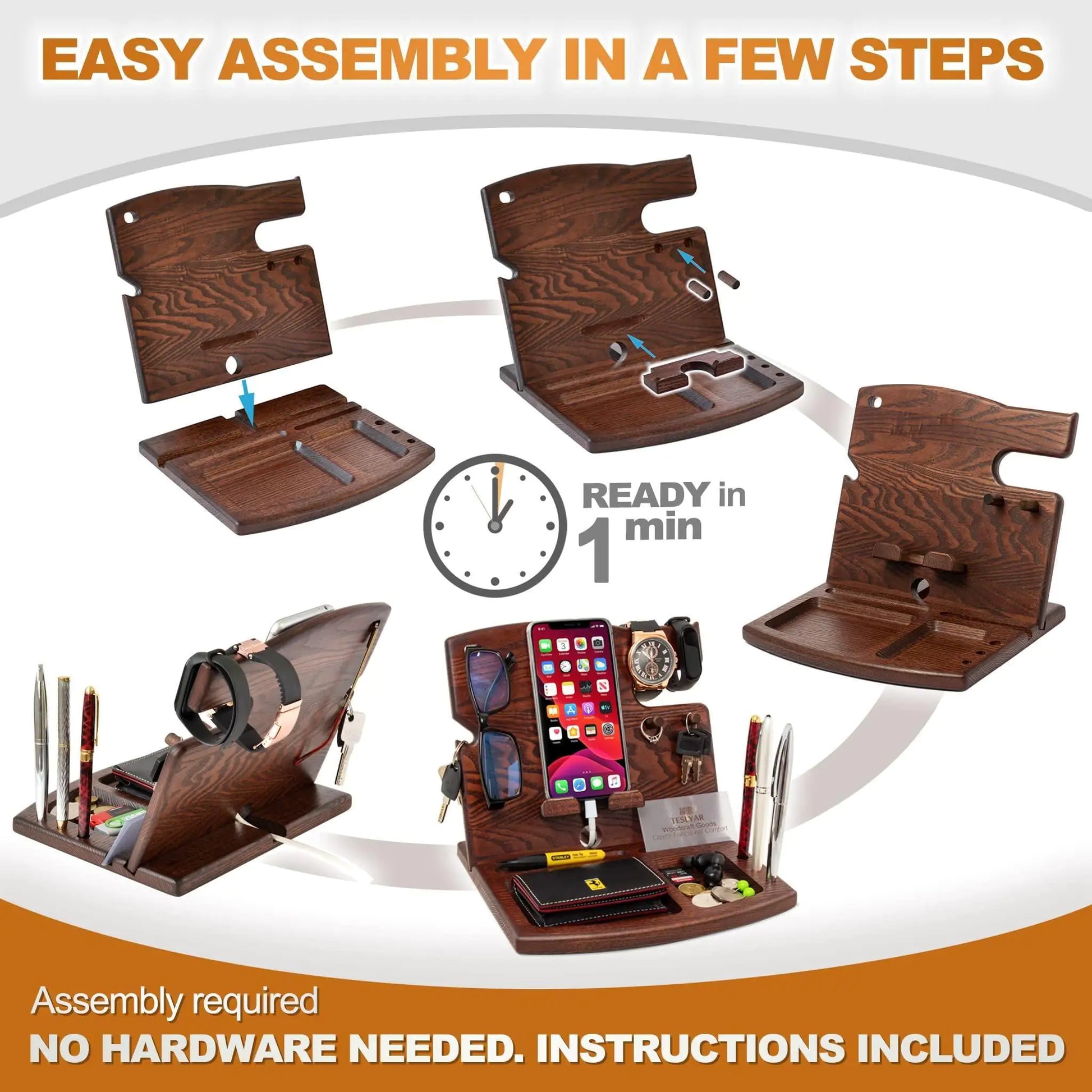 Wood Phone Docking Station Ash Key Holder Wallet Watch Stand Gadgets Organizer - Sno's Finds