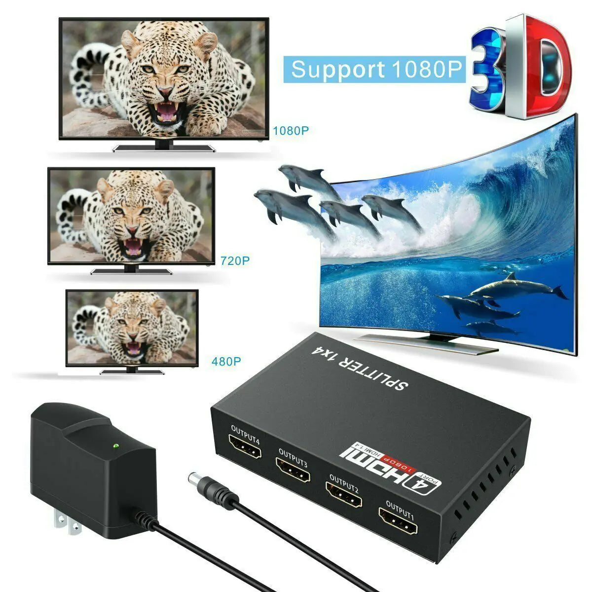 4 Port HDMI 4K Hub Multi Splitter & Amplifier For 3D HDTV 1080P 1X4 1 In 4 Out - Sno's Finds