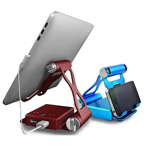 Podium Style Stand with extended battery and dual charging ports for iPad and iPhone.