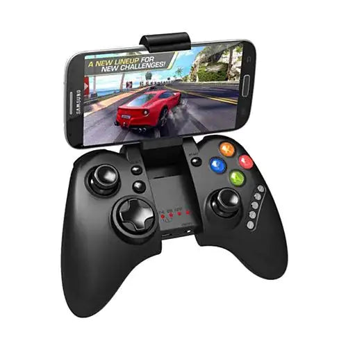 Bluetooth game controller for smartphones and tablets, black, with mounted smartphone showing a racing game and colorful buttons.