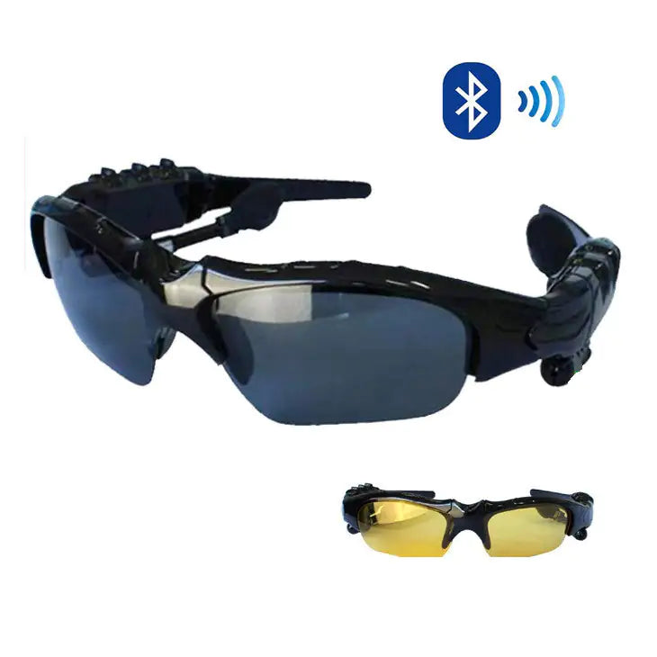 Day and Night Sunglasses with Bluetooth headphones and hands-free talk, featuring UV-protected grey lenses and night vision capability.