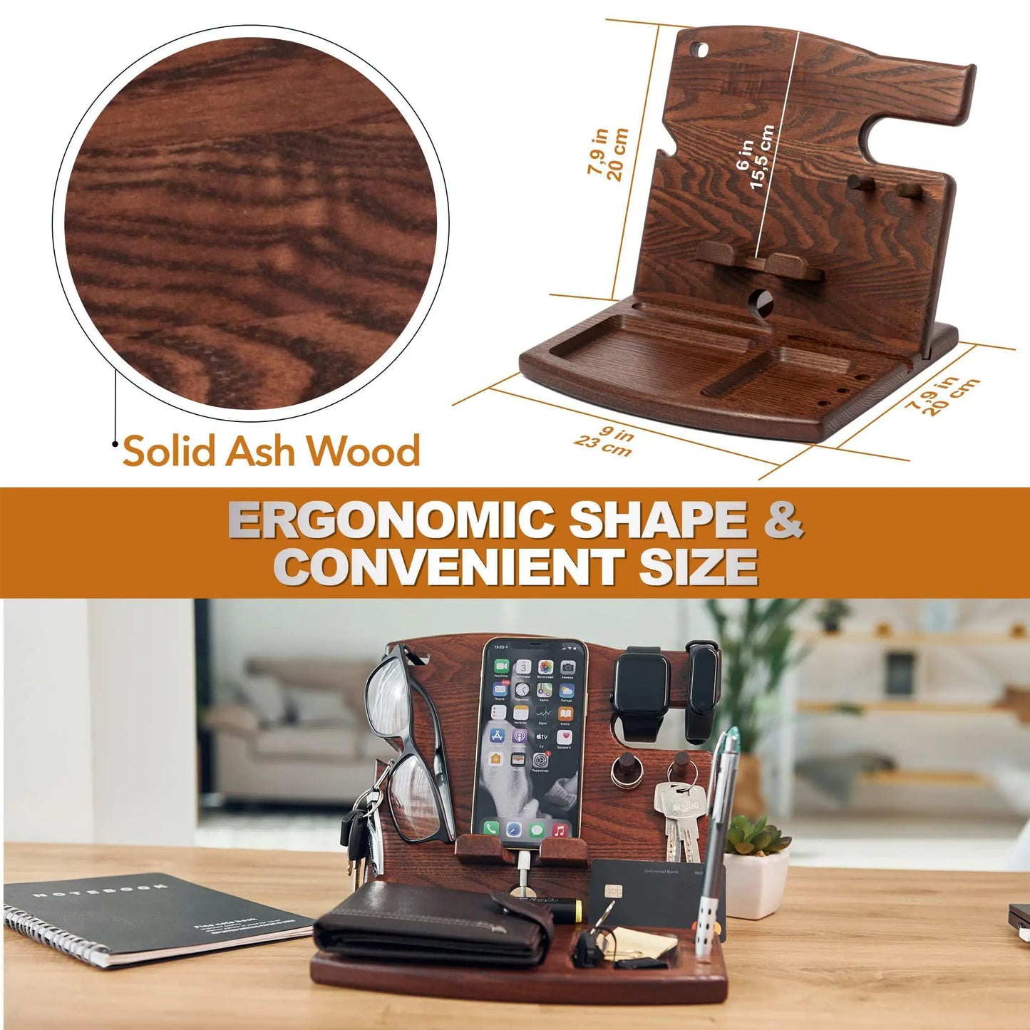 Wood Phone Docking Station Ash Key Holder Wallet Watch Stand Gadgets Organizer - Sno's Finds