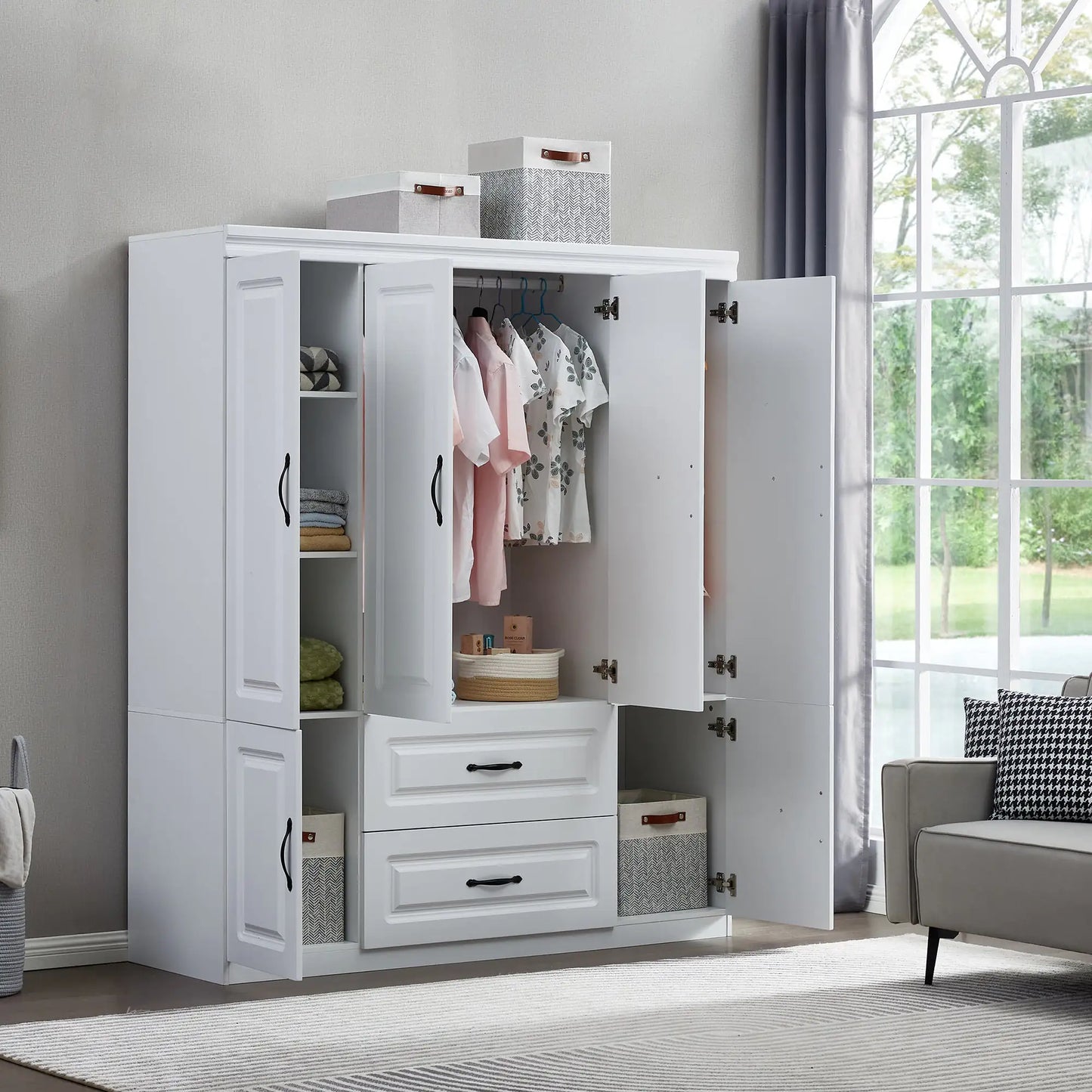 YG-15 74" H White Solid Wood Freestanding Wardrobe Closet for Clothes Storage. Bedroom Wardrobe Storage Cabinet featuring 2 Hanging Rod Shelves, 2 Drawers, and 5 Storage Compartments - Sno's Finds