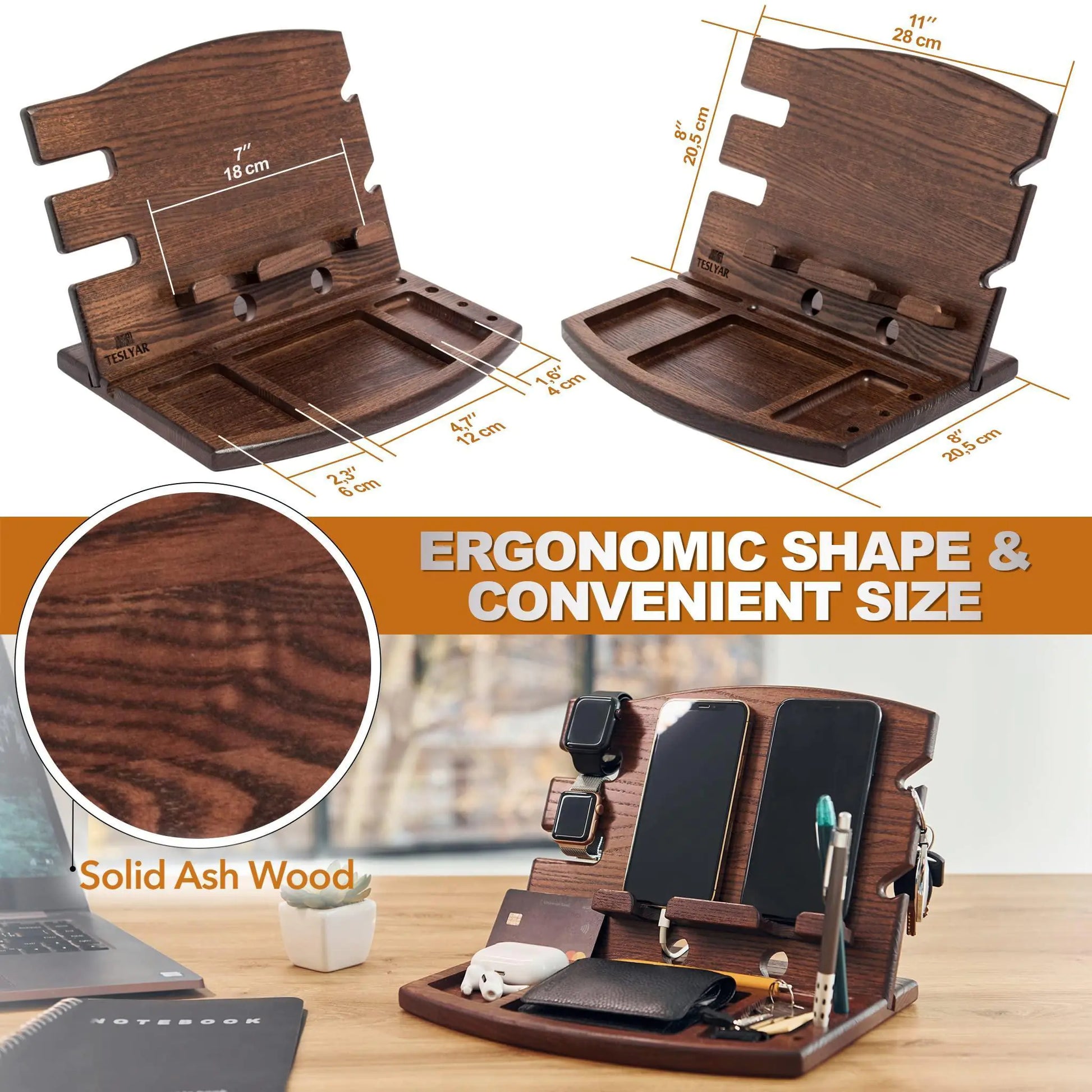 Wood Phone Docking Station Natural Ash Phone Key Holder Wallet Watch Stand Gift - Sno's Finds