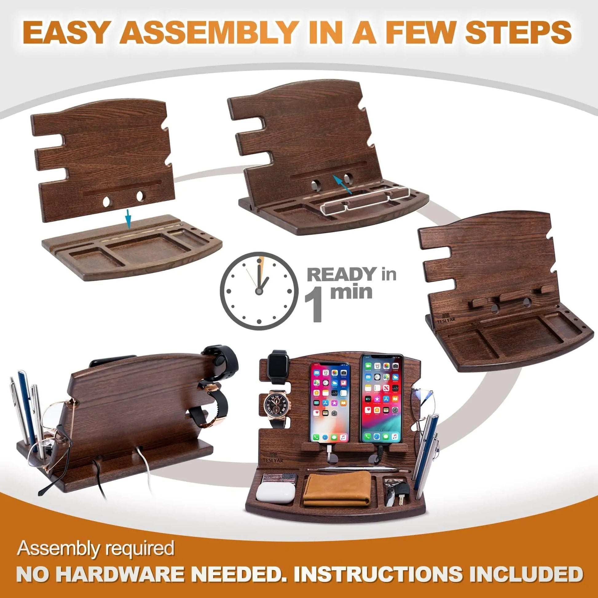 Wood Phone Docking Station Natural Ash Phone Key Holder Wallet Watch Stand Gift - Sno's Finds