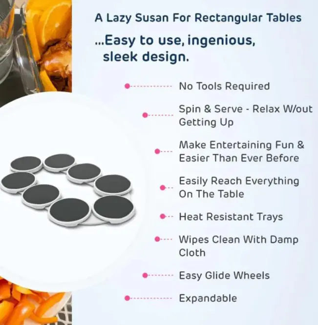 Table Rotating Food Tray with sleek design and easy glide wheels for effortless serving and entertaining.