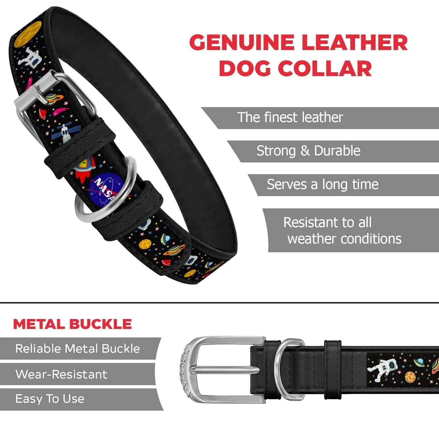 Leather Dog Collar with NASA Design for XSmall Dogs 811 in Neck x 0.5 in Wide - Sno's Finds