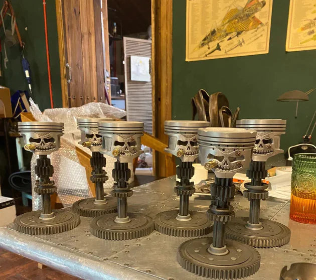 Gear Skull Resin Sculpture with steampunk gear design on display table.