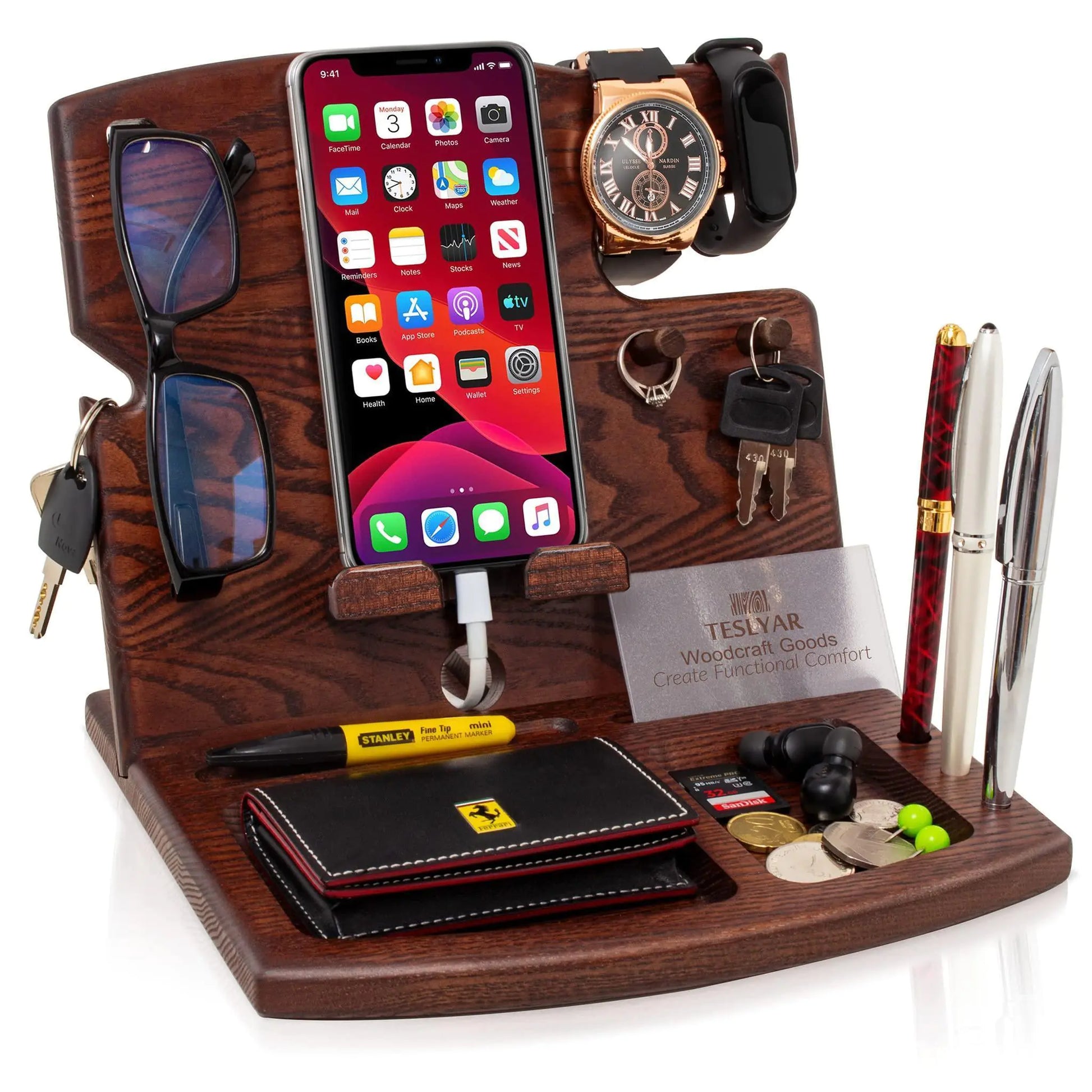 Wood Phone Docking Station Ash Key Holder Wallet Watch Stand Gadgets Organizer - Sno's Finds