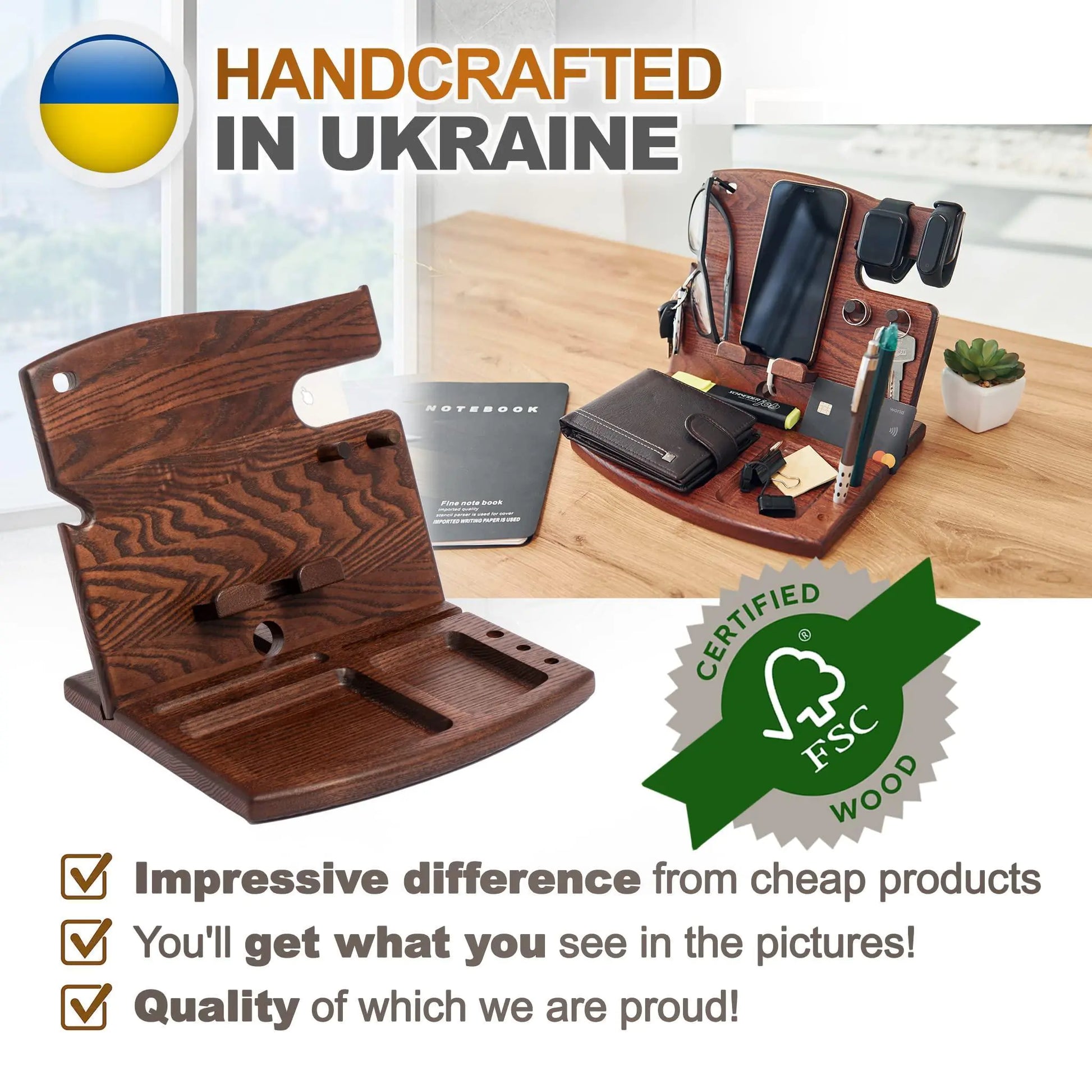 Wood Phone Docking Station Ash Key Holder Wallet Watch Stand Gadgets Organizer - Sno's Finds