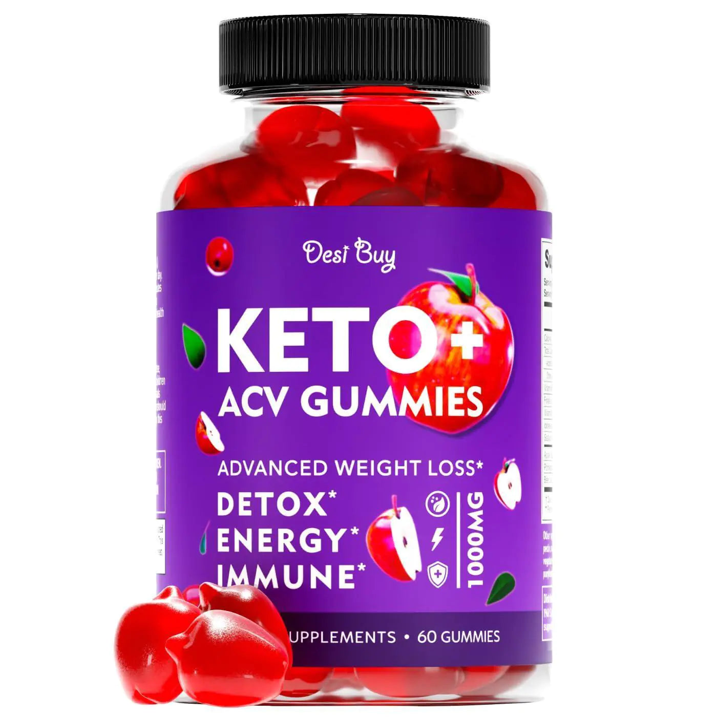 Keto ACV Gummies bottle for advanced weight loss with 1000mg apple cider vinegar, detox, and energy boost, 60 gummies.