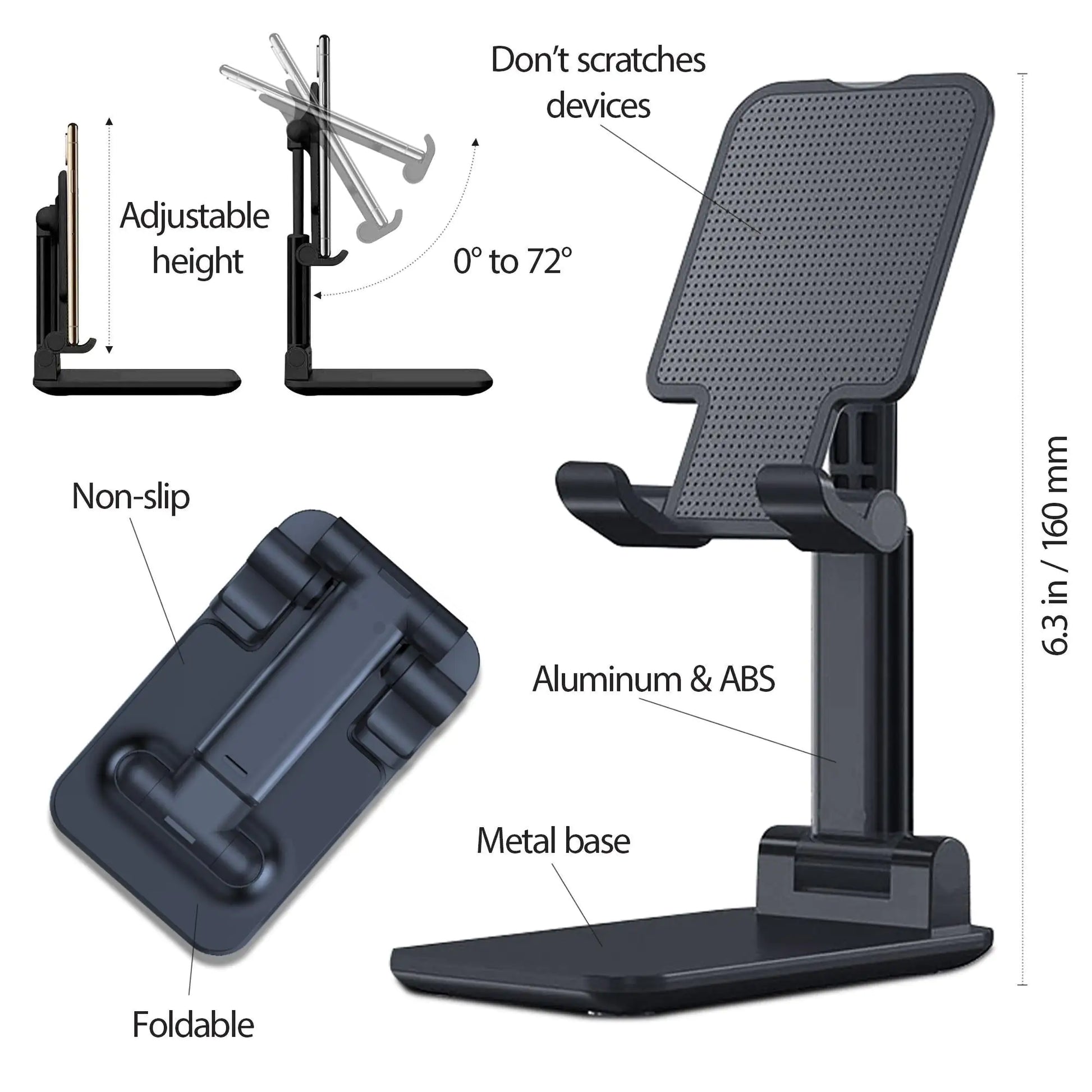 Adjustable universal tablet stand, foldable desktop holder for mobile phones, iPad, iPhone, non-slip design, aluminum and ABS, adjustable height and angle.