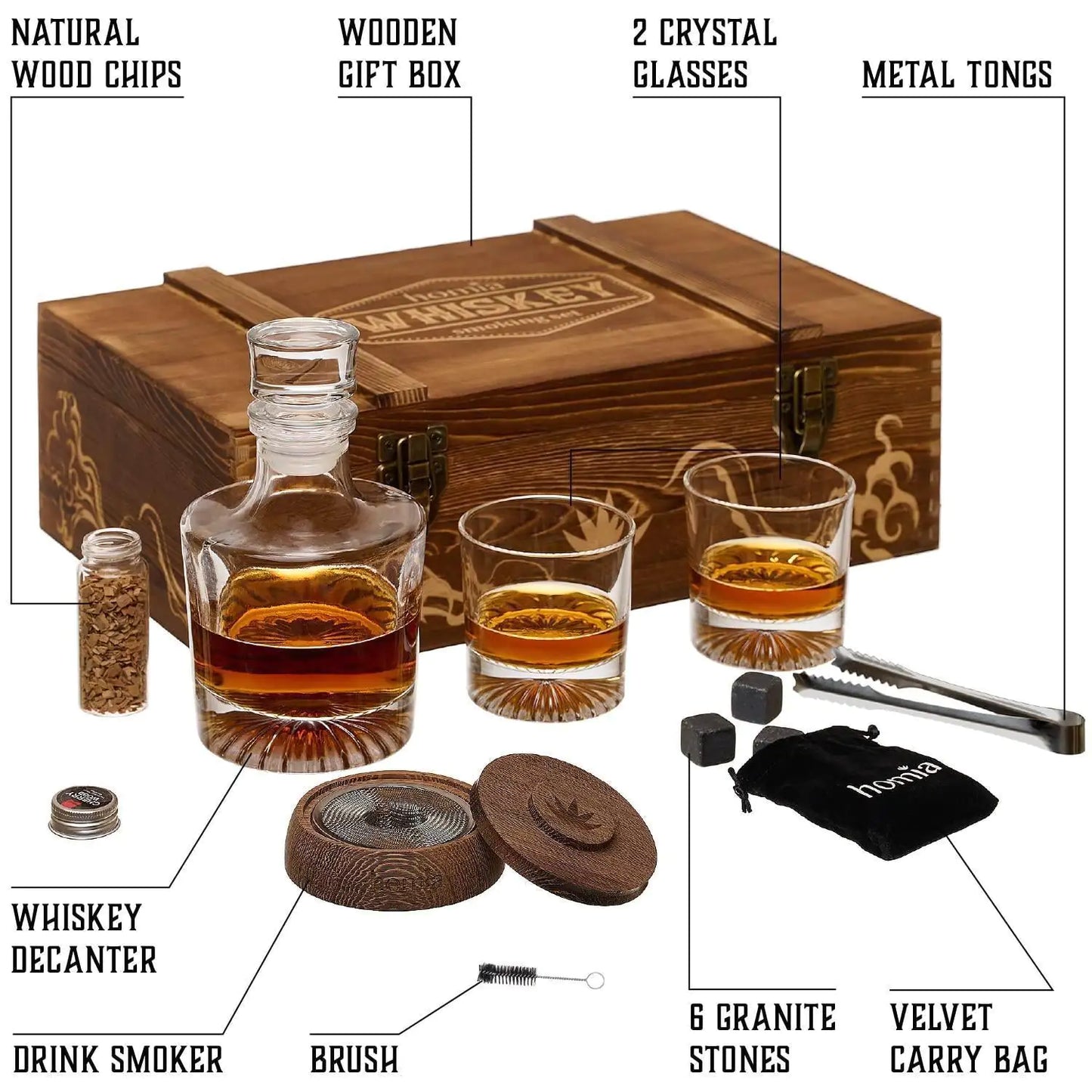 Whiskey Gift Set 14 pcs Whiskey Bottle Old Fashioned Glasses in Wodden Box Gift - Sno's Finds