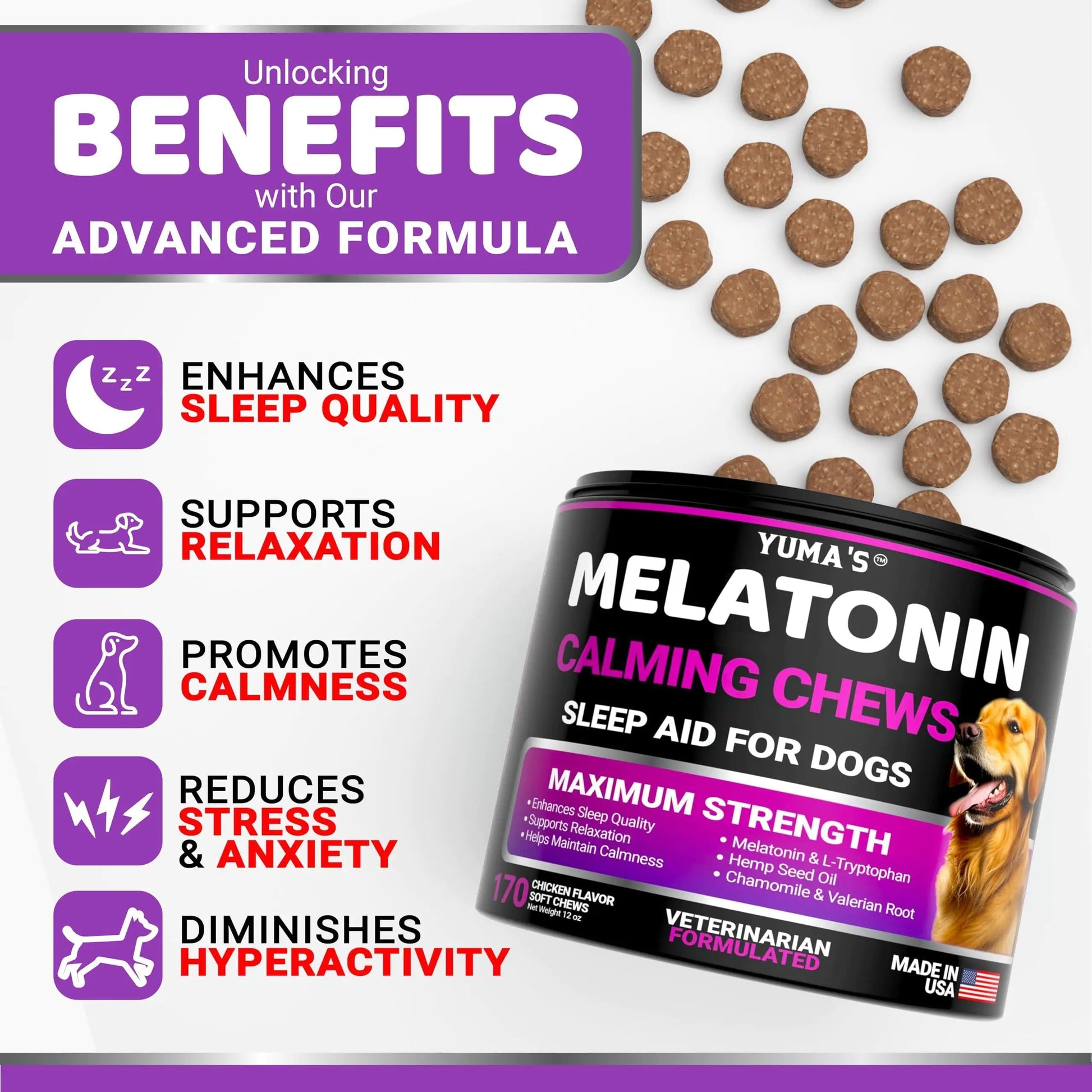 Melatonin Calming Chews for Dogs 170 Chews Dog Stress and Anxiety Relief - Sno's Finds