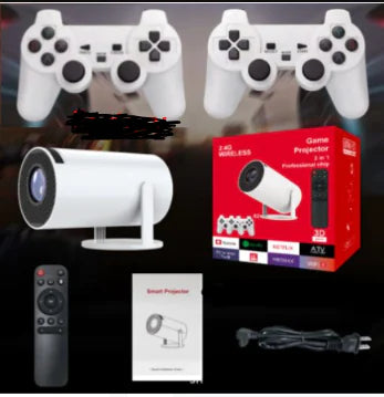 Game Machine HD Projector with gamepads, remote, power cord, and manual for immersive gaming.