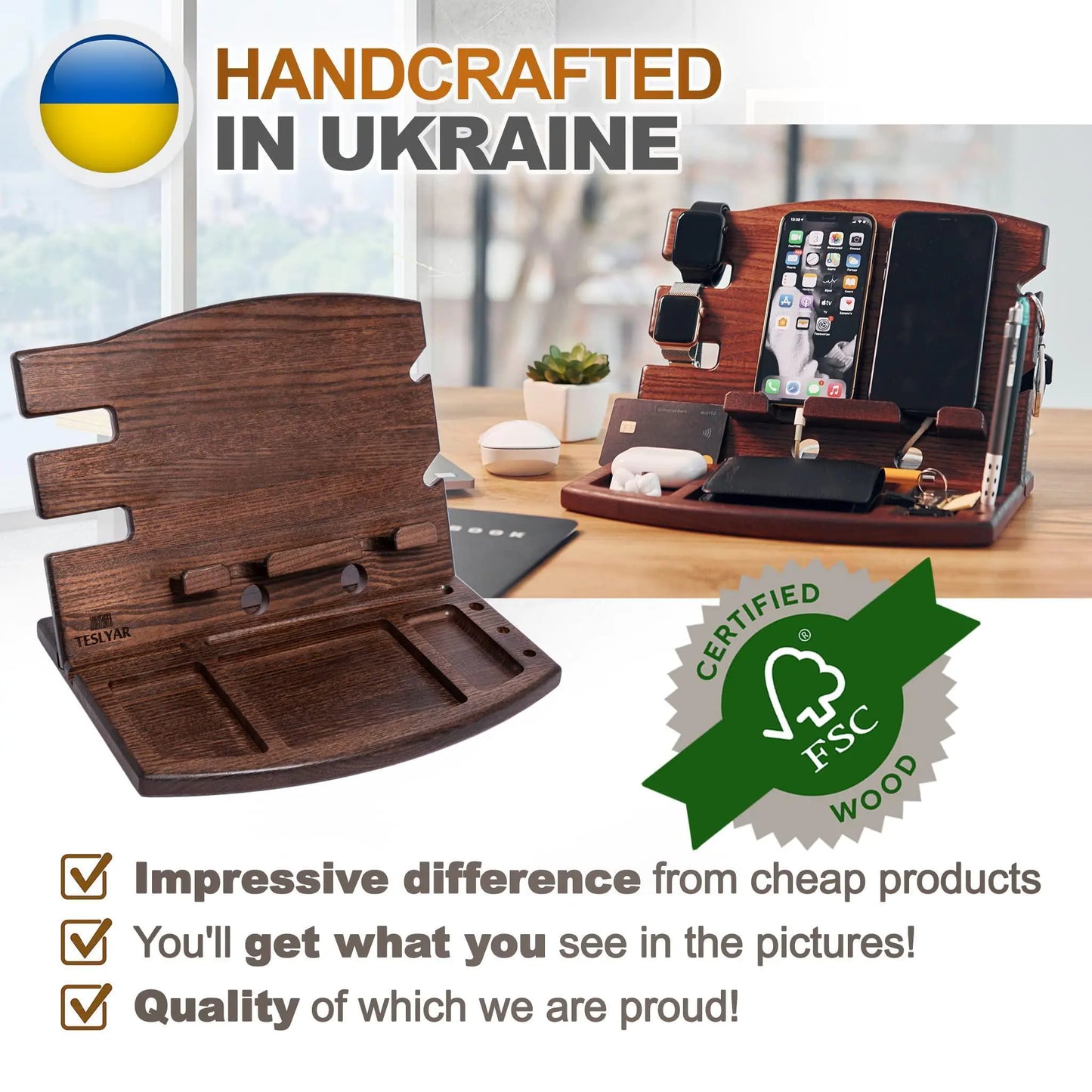 Wood Phone Docking Station Natural Ash Phone Key Holder Wallet Watch Stand Gift - Sno's Finds