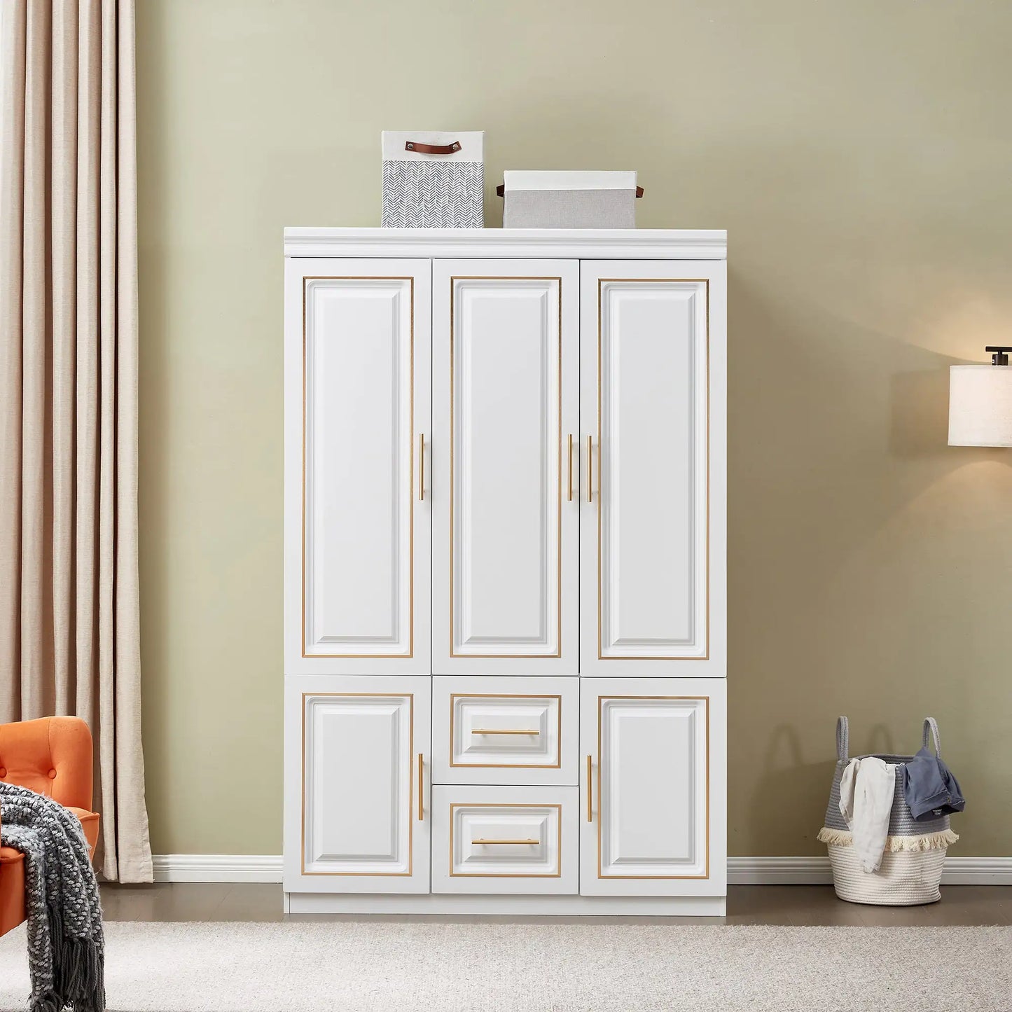 YG-5 Armoire Wardrobe  74" H 3 Doors 2 Drawers White Bedroom Wardrobe Armoire Closet Freestanding Clothes Storage Armoire Organizer with Hanging Rod Shelves Clothes Cabinet for Bathrooms Clothes Storage 