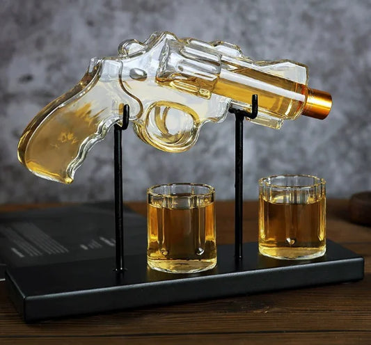 Pistol-shaped glass wine bottle with bubbler, Gun Sip.