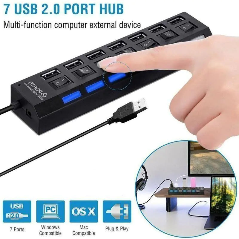 7 Port USB 2.0 / 3.0 Hub Splitter Adapter High Speed For PC Laptop Mac Desktop - Sno's Finds