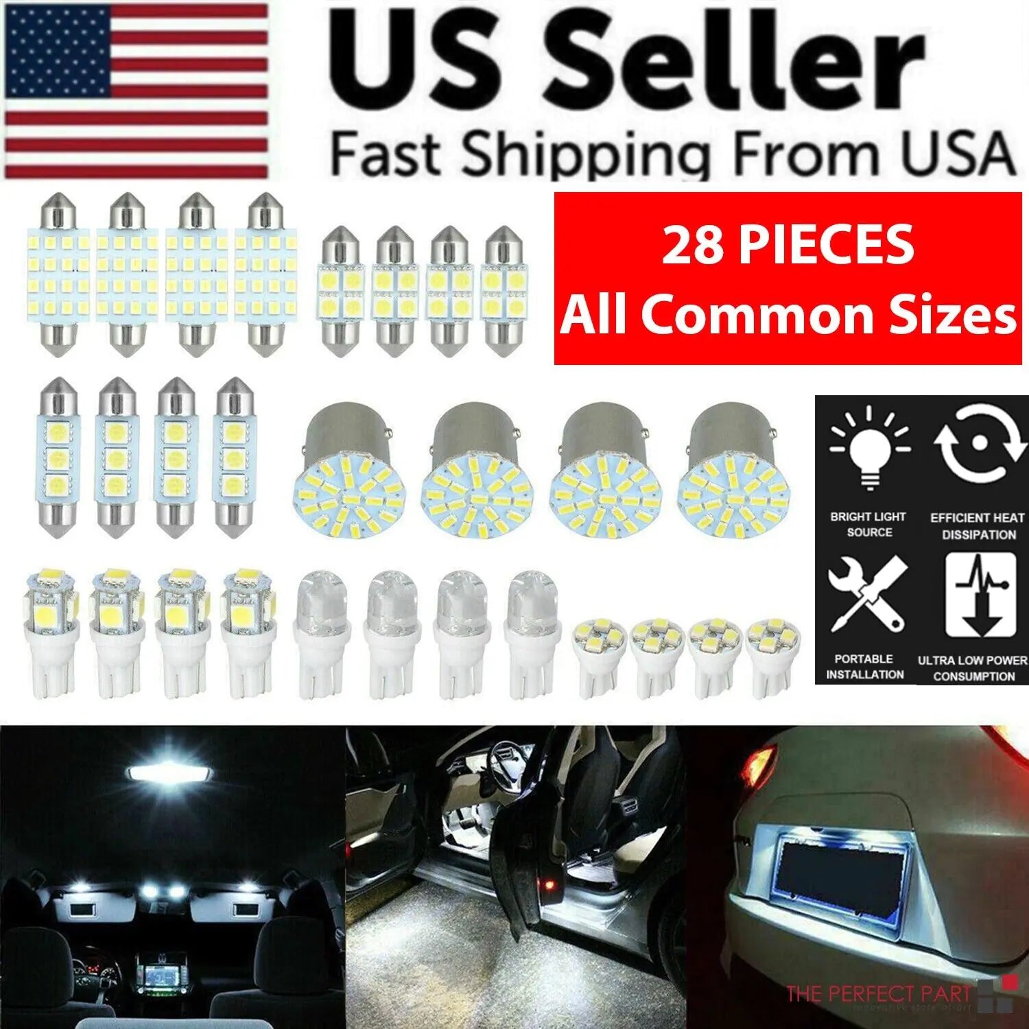 28pcs car interior white combo LED map, dome, door, trunk, license plate light bulbs for vehicles.