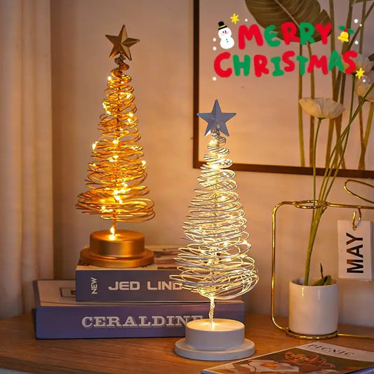 LED spiral Christmas tree lamps on a desk, warm festive decor