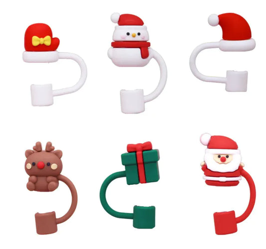 Christmas-themed straw dust covers set with festive designs including Santa, snowman, and reindeer.