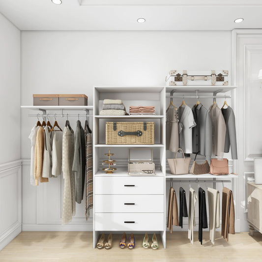 Wall-mounted white closet organizer with shelves, hanging rods, and drawers for clothing storage.