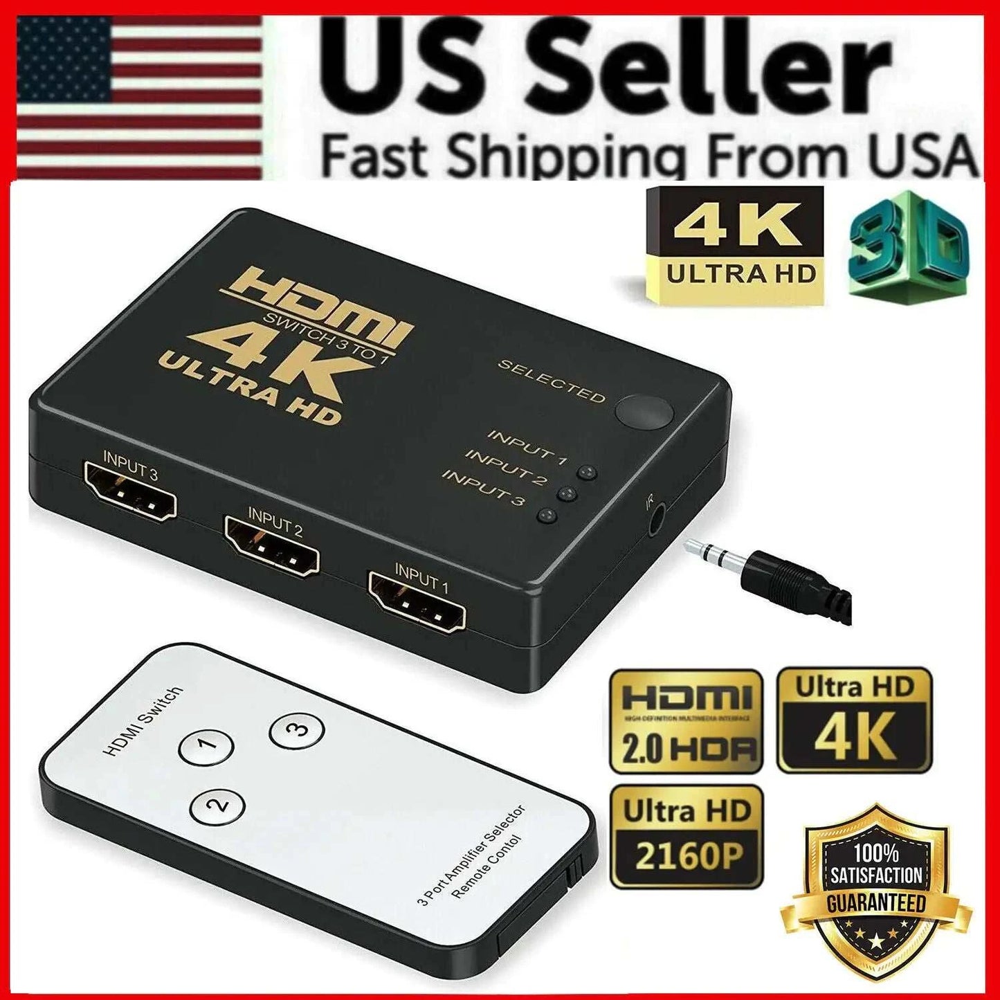 4K HDMI 2.0 Cable Splitter Switcher Box Hub IR Remote Control 3X1 Power 3 to 1 - Sno's Finds