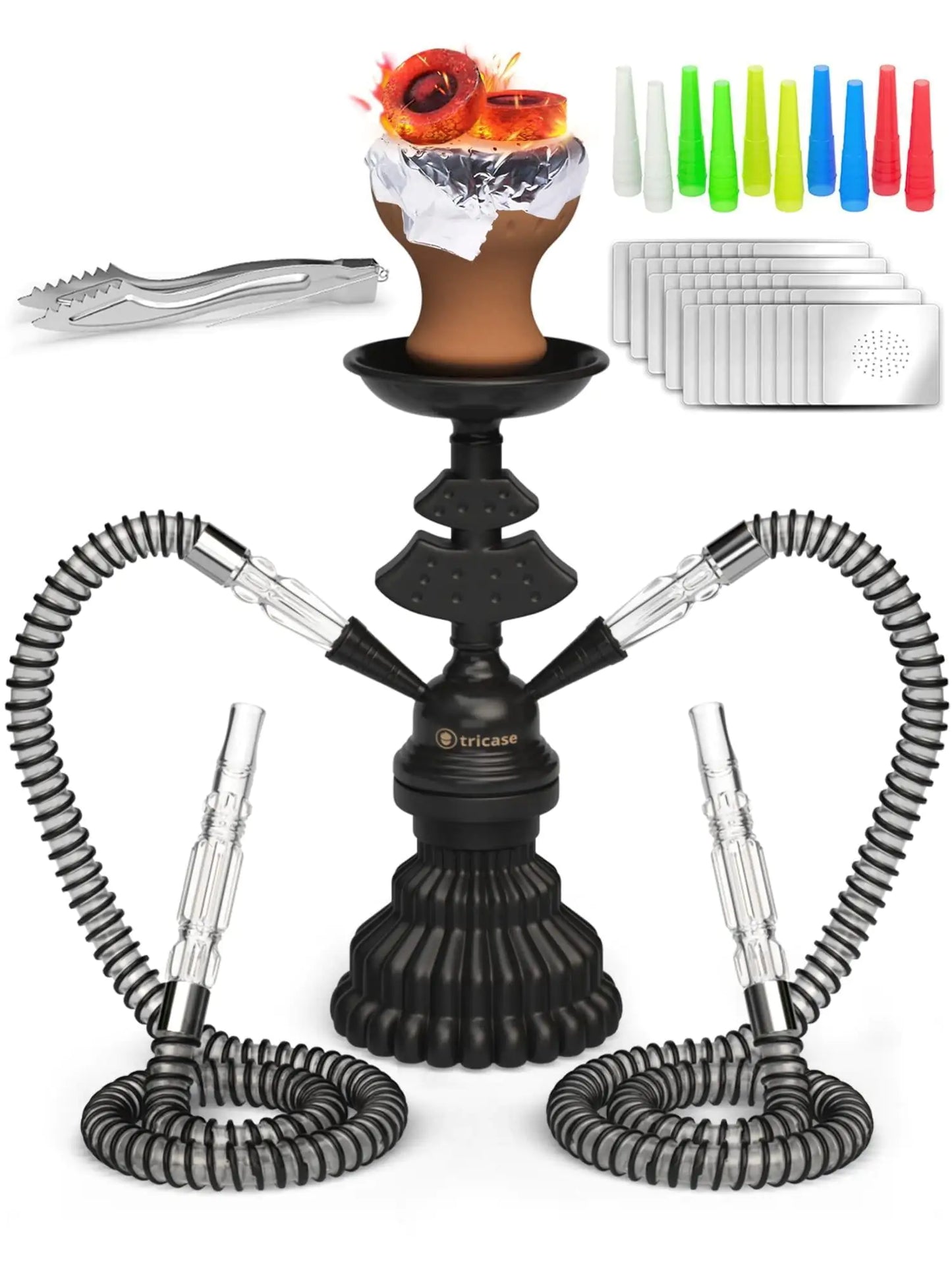 Hookah Set 2 Hose Black 12 inch Hookah 50 Foil Bowl 10 Tips 2 Mouthpieces Tongs - Sno's Finds